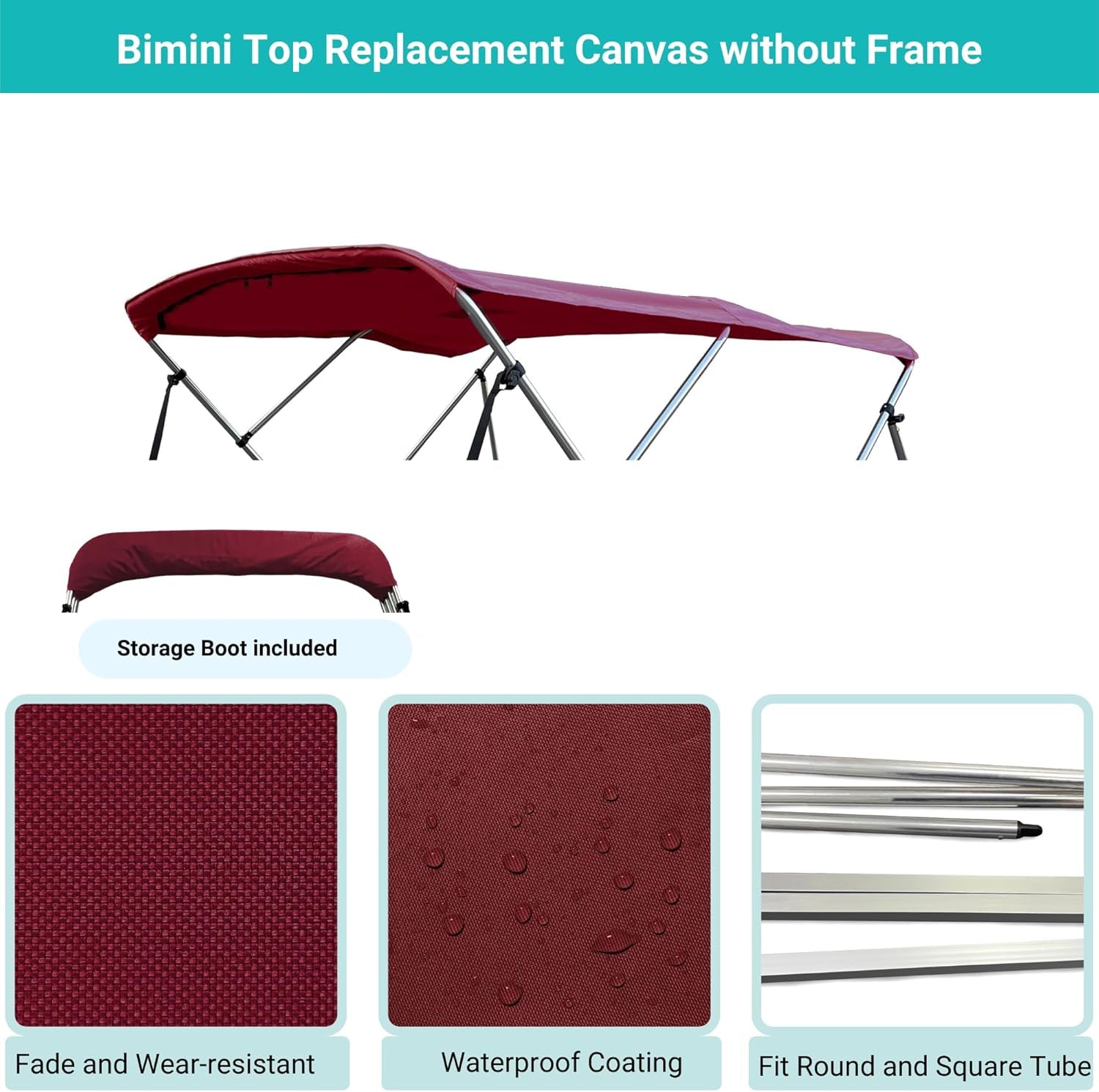 3 Bow Bimini Top Replacement Canvas Cover, Durable Marine Grade Canvas Boat Canopy with Storage Boot/Without Frame, 3 Bow 72" L 79"-84" W Burgundy Color