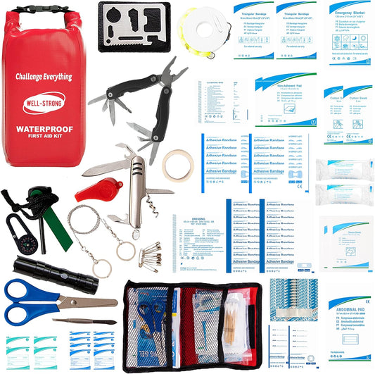 Boat First Aid Kit with Survival Tools, 123Pcs Waterproof Emergency Marine Kit with Buckles, Compact Boat Safety Accessories for Fishing Kayaking Boating Camping Rafting Beach Red