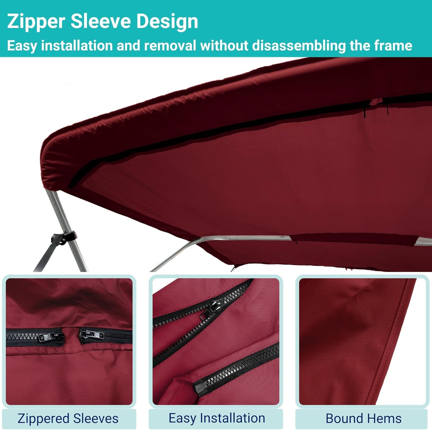 3 Bow Bimini Top Replacement Canvas Cover, Durable Marine Grade Canvas Boat Canopy with Storage Boot/Without Frame, 3 Bow 72" L 79"-84" W Burgundy Color