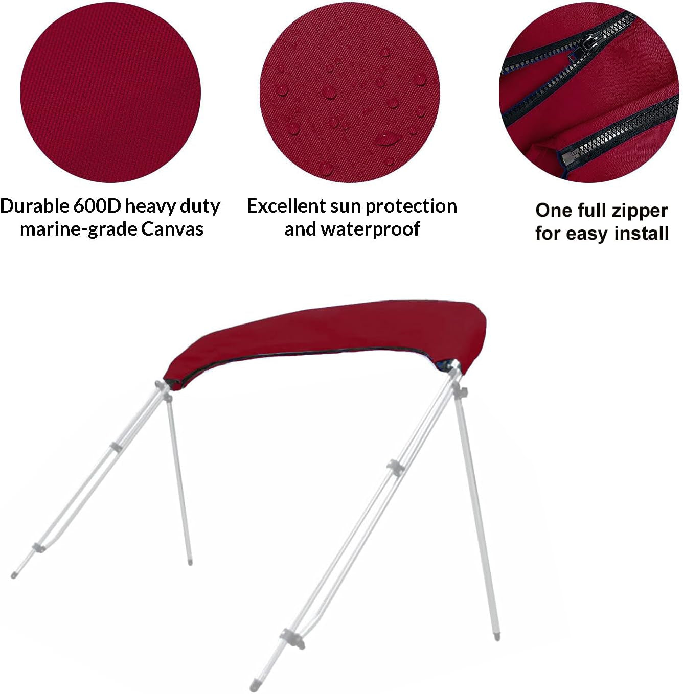3 Bow Bimini Top Replacement Canvas Cover, Durable Marine Grade Canvas Boat Canopy with Storage Boot/Without Frame, 3 Bow 72" L 79"-84" W Burgundy Color