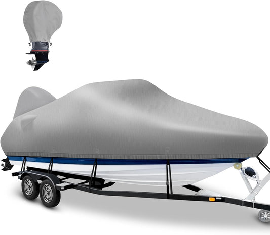 16 Foot Boat Cover,Waterproof 1200D Heavy Duty Marine Canvas Trailerable Boat Covers for 16 Feet 17Ft 18' Foot V-Hull Bass Boat Tri-Hull Runabout Boat, Gray