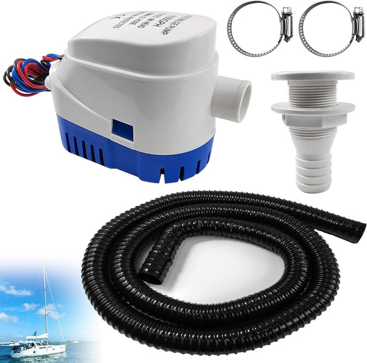 Automatic Boat Bilge Pump Kit for Boats, 1-1/8 Inch Bilge Pump Plumbing Kit, Including 12V 1100 Gph Bilge Pump, 1Pc Bilge Pump Hose, 2Pcs Hose Clamps and 1Pc Universal Fitting